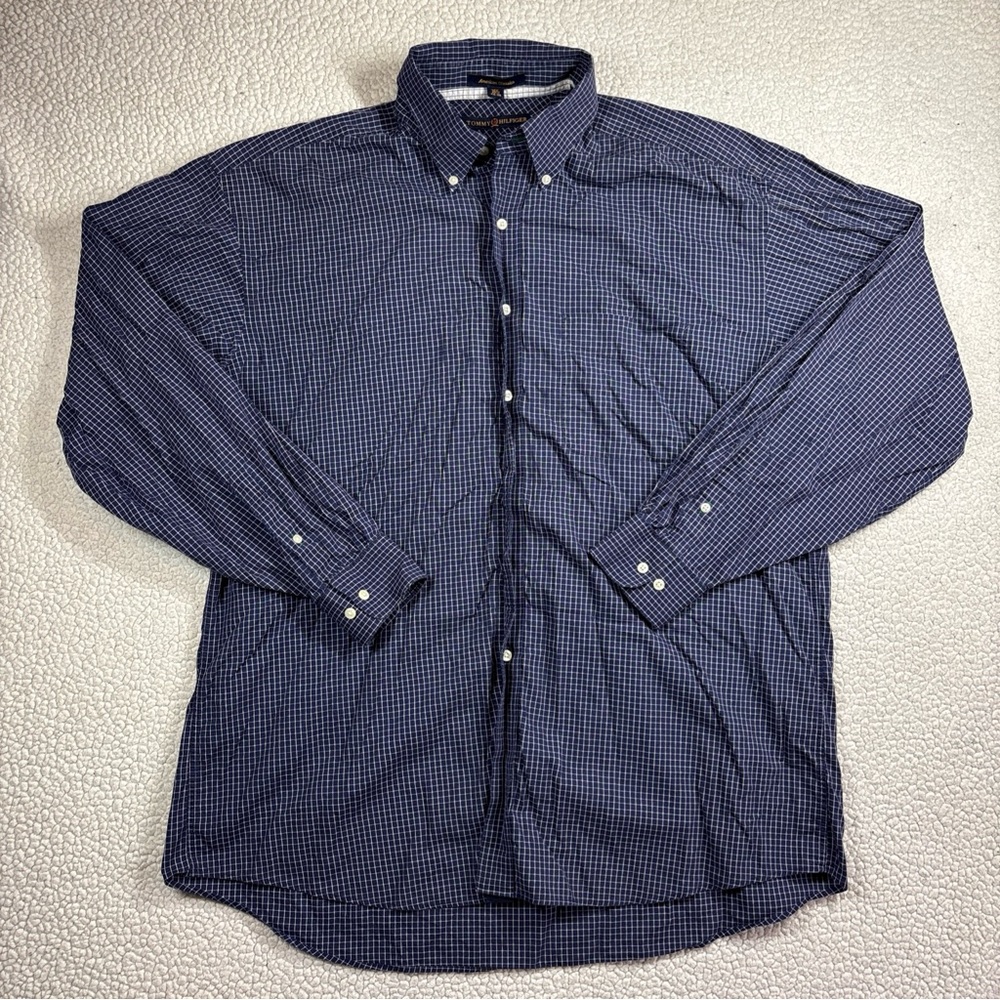 Tommy Hilfiger American Classics Men Navy Plaid L/S 16.5 34-35 Button Down Shirt